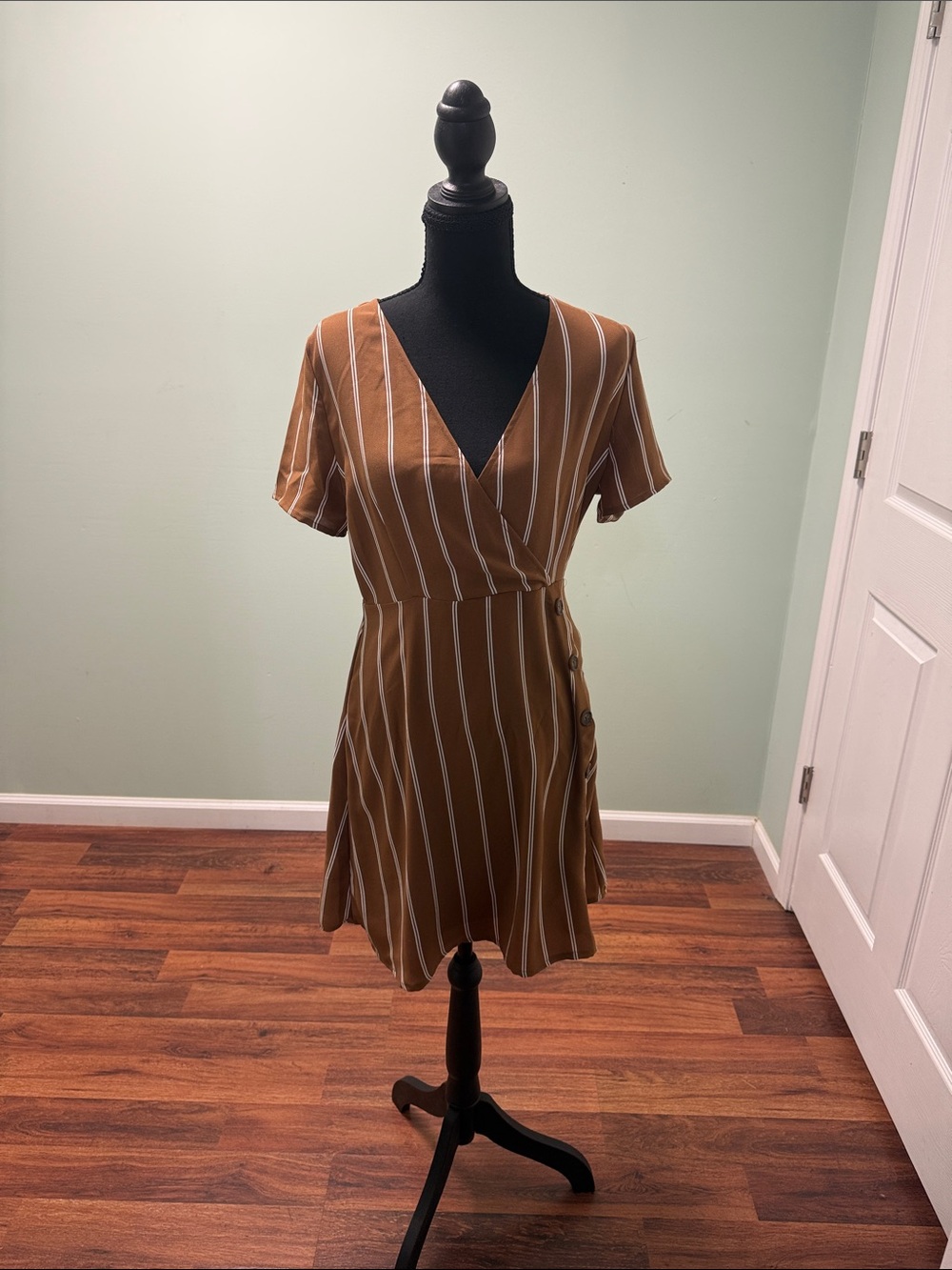 Striped Wrap Mini Dress in Camel